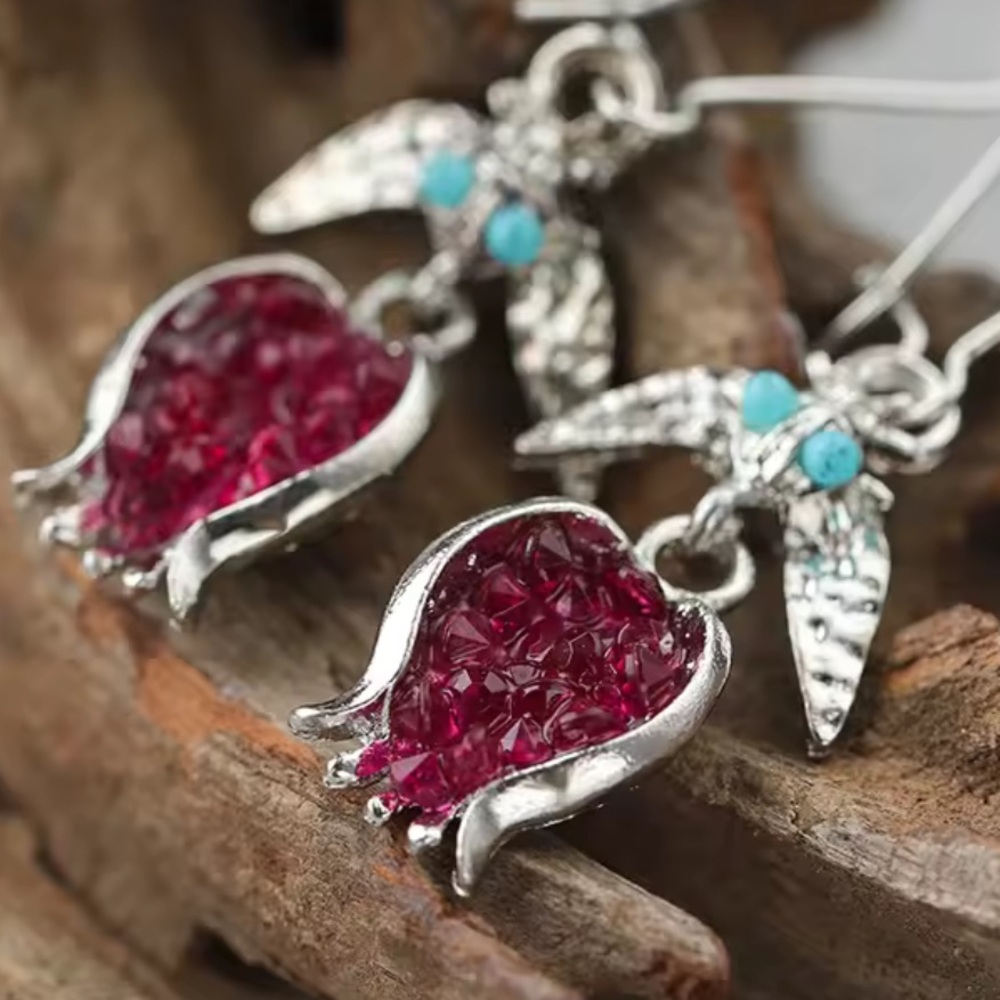Vintage Pomegranate Red Silver Earrings - Picture 5 of 7